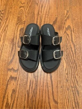Christian Di Riccio Black Leather Double-Buckle Slide Sandals for Women
